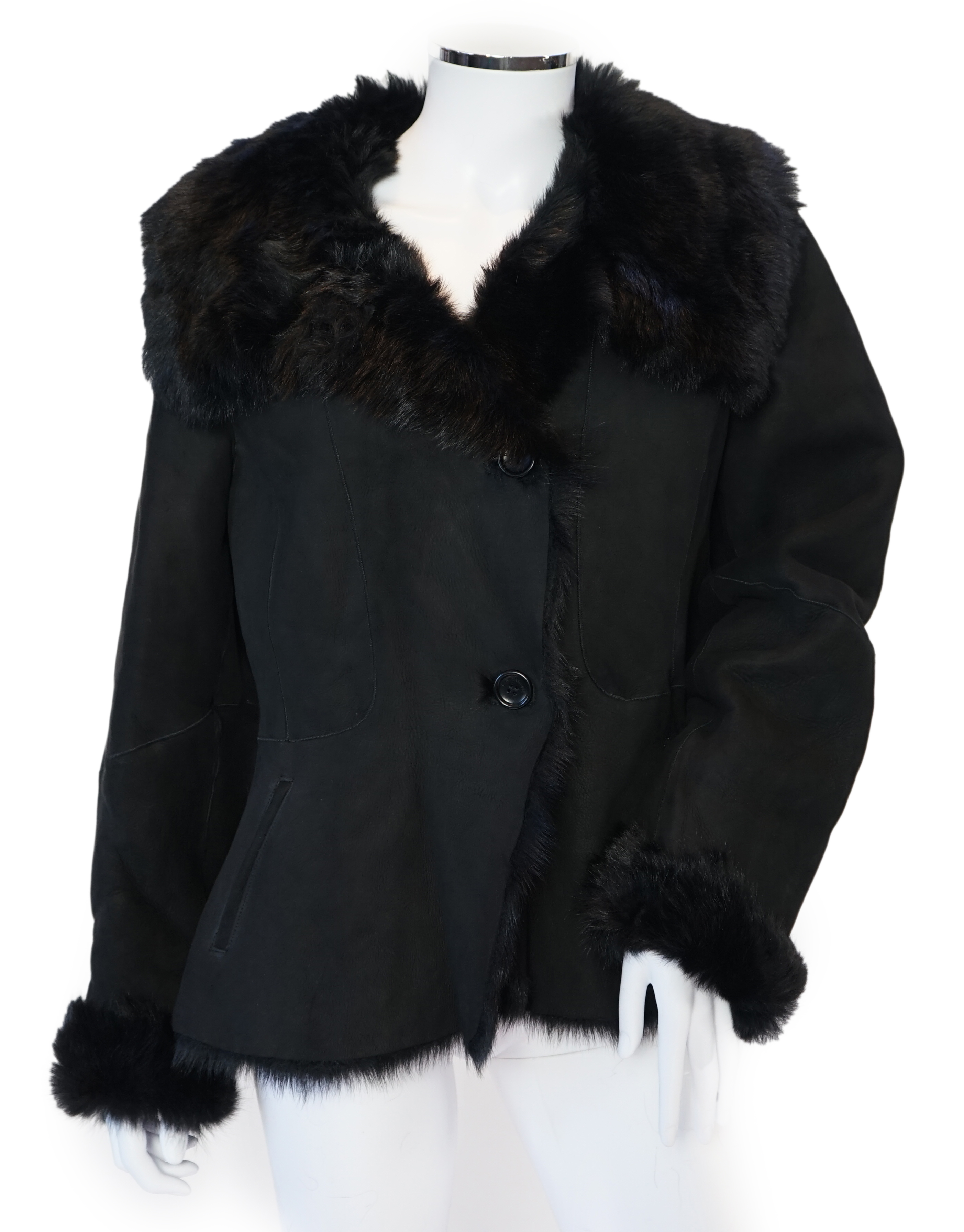 A lady's L K Bennett black shearling jacket, size Large